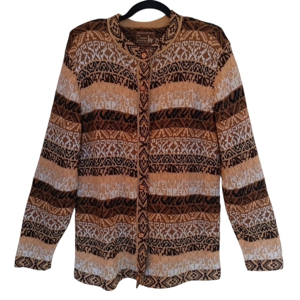 The Alpaca Connection Cardigan Women M Brown Alpaca Blend Fair Isle Peru